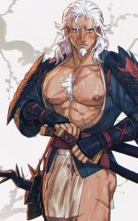 1boy bara bare_pectorals chest_hair commentary dreamplpe english_commentary facial_hair fundoshi goatee highres hisuian_samurott holding holding_sword holding_weapon japanese_clothes katana large_pectorals long_hair looking_at_viewer male_focus muscular muscular_male nintendo nipples paid_reward_available pectorals personification pokemon red_eyes scar scar_on_chest sheath sheathed solo sword variant_set weapon white_hair