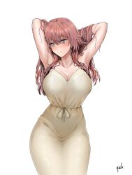 1girl alterzk armpits arms_behind_head arms_up bare_shoulders blush bra_visible_through_clothes breasts cleavage closed_mouth collarbone commentary cowboy_shot dress embarrassed english_commentary expressionless hair_lift hands_in_own_hair highres inui_shinju large_breasts long_dress long_hair signature simple_background sleeveless sleeveless_dress solo sono_bisque_doll_wa_koi_wo_suru standing waist_ribbon white_background white_dress