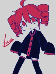 1girl :o ahoge black_shirt black_thighhighs buttons collared_shirt double-parted_bangs drill_hair feet_out_of_frame grey_background hair_between_eyes kasane_teto kasane_teto_(utau) long_sleeves open_mouth red_eyes red_hair red_trim shirt signature simple_background solo thighhighs twin_drills utau very_long_sleeves yuusuke-kun zettai_ryouiki