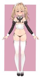 1girl absurdres apron bikini black_bikini black_shoes blush breasts closed_mouth deatheach detached_collar detached_sleeves female_focus full_body hair_between_eyes highres light_brown_hair long_hair looking_at_viewer maid_headdress medium_breasts micro_bikini navel original pink_background red_eyes shoes side-tie_bikini_bottom skindentation solo standing string_bikini swimsuit thighhighs twintails two-tone_background underboob white_background white_thighhighs wrist_cuffs