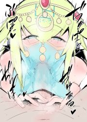 1boy 1girl :&gt;= amo_takumi android blonde_hair blush bombergirl emera_(bombergirl) fellatio fellatio_under_mask hetero hidden_face highres looking_at_viewer oral penis pov robophilia robot robot_girl stealth_sex stray_pubic_hair veil