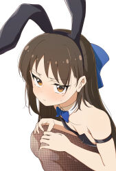 1girl absurdres alternate_costume animal_ear_hairband animal_ears arm_strap black_leotard blue_bow blue_bowtie blush bow bowtie breasts brown_hair brown_pantyhose commentary_request detached_collar fake_animal_ears fishnet_pantyhose fishnets hairband half_updo hands_on_own_knees highres idolmaster idolmaster_cinderella_girls leotard looking_at_viewer luilui_0525 pantyhose playboy_bunny rabbit_ear_hairband rabbit_ears simple_background small_breasts solo squatting strapless strapless_leotard sweatdrop tachibana_arisu white_background