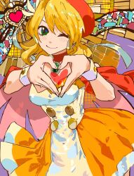 1girl alia_(mega_man) blonde_hair blue_eyes blush cairngorm999 dress hat heart heart_hands highres medium_hair mega_man_(series) mega_man_x_(series) mega_man_x_dive official_alternate_costume one_eye_closed orange_dress red_hat solo white_dress