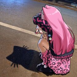 1girl animal_ears animal_print badge black_jacket black_shoes button_badge cat_shadow_puppet chattino_(raora_panthera) commentary crossed_arms fingernails fishnets grem_(gigi_murin) hashtag-only_commentary hololive hololive_english jacket lace-trimmed_jacket lace_trim leg_warmers leopard_print long_hair nail_polish panther_ears panther_girl photo_background pink_hair pink_jacket pink_leg_warmers pink_nails pink_skirt pom_pom_(clothes) rainenleaf raora_panthera shadow_puppet shoes skirt solo squatting virtual_youtuber yellow_nails
