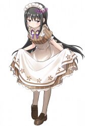 1girl akemi_homura alternate_costume apron asukaru_(magika_ru) black_hair blush brown_dress brown_shoes closed_mouth commentary dated dress enmaided full_body grey_pantyhose highres loafers long_hair looking_at_viewer mahou_shoujo_madoka_magica maid maid_headdress neck_ribbon pantyhose purple_eyes purple_ribbon recompense_maid_uniform ribbon shoes short_sleeves sidelocks signature simple_background skirt_hold solo standing striped_clothes striped_dress white_apron white_background