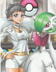 2girls blue_eyes bob_cut brown_hair colored_skin diantha_(pokemon) elbow_gloves gardevoir gen_3_pokemon gloves green_hair hair_over_one_eye hand_on_own_hip highres jacket mega_gardevoir mega_pokemon multiple_girls nintendo pink_eyes poke_ball_symbol pokemon pokemon_(creature) pokemon_xy ravernclouk signature white_gloves white_jacket white_skin