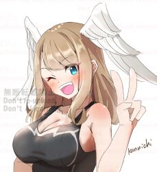 1girl absurdres armpit_crease asymmetrical_bangs blue_eyes blue_pupils blush breasts brown_hair cleavage eunie_(xenoblade) head_wings highres kanuici336 large_breasts long_hair one_eye_closed open_mouth parted_bangs smile solo teeth upper_body upper_teeth_only v watermark white_background wings xenoblade_chronicles_(series) xenoblade_chronicles_3