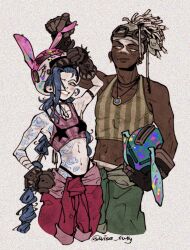 1boy 1girl animal_ears animal_helmet arcane:_league_of_legends arcane_jinx arm_tattoo bandaged_arm bandages bandana bangle bare_shoulders bikini black_bikini black_bra blue_eyes blue_hair bra bracelet braid breasts brown_eyes brown_gloves choker closed_mouth clothes_around_waist crop_top cropped_legs dark-skinned_male dark_skin earrings ekko_(league_of_legends) facepaint fingerless_gloves gloves goggles goggles_on_head green_shirt hair_over_one_eye hand_on_own_hip helmet highres holding holding_helmet jewelry jinx_(league_of_legends) league_of_legends long_hair medium_breasts midriff navel necklace pale_skin parted_lips purple_shirt rabbit_ears shirt shirt_around_waist short_hair sleeveless sleeveless_shirt smile stomach_tattoo striped_clothes striped_shirt studded_bracelet swimsuit tattoo twin_braids twitter_username underwear very_long_hair white_bandana white_hair wise_fully