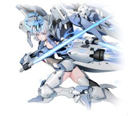 1girl ass blue_eyes dual_wielding energy_sword gloves headgear holding holding_sword holding_weapon humanization looking_at_viewer mecha_musume mechanical_wings official_art parted_lips science_fiction short_hair simple_background sky_saber_(starward) solo starward sword thrusters weapon white_background white_hair wings