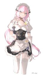 Rule 34 | 1girl, absurdres, arm behind back, arm grab, black dress, blue eyes, closed mouth, commentary, cropped legs, dress, elbow gloves, elysia (honkai impact), elysia (miss pink) (honkai impact), elysia (miss pink elf) (honkai impact), eve (meltdown), frilled gloves, frills, garter straps, gloves, hand on own elbow, highres, honkai (series), honkai impact 3rd, long hair, looking at viewer, maid, pink hair, pointy ears, puffy short sleeves, puffy sleeves, short sleeves, simple background, smile, solo, thighhighs, twitter username, very long hair, white background, white gloves, white thighhighs