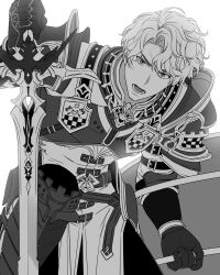 Rule 34 | 1boy, absurdres, arm up, armor, armored legwear, belt, breastplate, commentary request, curtained hair, gloves, highres, holding, holding shield, holding sword, holding weapon, knight, korean commentary, looking at viewer, lower teeth only, mabinogi, male focus, open mouth, pants, pauldrons, ray (lthenray), shield, shoulder armor, simple background, solo, sword, tabard, teeth, torvish (mabinogi), wavy hair, weapon, white background