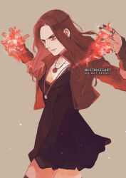 1girl arm_warmers artist_name avengers:_age_of_ultron avengers_(series) black_dress black_thighhighs breasts brown_hair closed_mouth collarbone commentary cowboy_shot dress english_commentary gem grey_background hands_up jacket jewelry lightningstrikes long_hair long_sleeves looking_to_the_side magic marvel marvel_cinematic_universe medium_breasts necklace open_clothes open_jacket red_eyes red_gemstone red_jacket ring simple_background solo standing thighhighs v-shaped_eyebrows wanda_maximoff