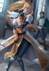 1boy 1girl armor armored_dress artist_name black_gloves blonde_hair blue_eyes blurry bodysuit boots brown_eyes brown_hair capelet commentary darkness_(konosuba) dress embarrassed english_commentary excited feathers fist_pump gloves greaves green_capelet hair_ornament highres holding holding_panties holding_underwear holding_unworn_clothes indoors kono_subarashii_sekai_ni_shukufuku_wo! long_hair long_sleeves one_eye_closed open_mouth orange_panties panties patreon_username pauldrons pervert ponytail sabaton satou_kazuma sheath sheathed short_hair shoulder_armor single_pauldron sweat teeth underwear upper_teeth_only very_long_hair watermark web_address window x_hair_ornament zarory