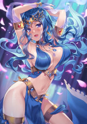 1girl bare_shoulders blush borrowed_character breasts choker christmas commission crop_top dancer dancer_(final_fantasy) highres jewelry long_hair looking_at_viewer medium_breasts midriff navel odoriko_(momoko) original santa_costume sennen_sensou_aigis skeb_commission solo thighs wan89