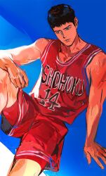 1boy arm_on_knee arm_support bare_shoulders basketball_jersey basketball_shorts basketball_uniform black_hair brown_eyes collarbone commentary_request feet_out_of_frame highres korean_commentary looking_to_the_side male_focus mitsui_hisashi puppy_1ove scoop_neck short_hair shorts sideburns sideways_glance sitting slam_dunk_(series) sleeveless solo sportswear