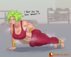 1futa arm_behind_back barefoot blue_eyes breasts bulge cleavage dragon_ball dragon_ball_super english_text erection exercising femboycarti futanari green_hair grey_background gym highres kefla_(dragon_ball) large_breasts large_penis looking_at_viewer muscular muscular_female penis push-ups saiyan smile solo steam steaming_body super_saiyan testicles toes