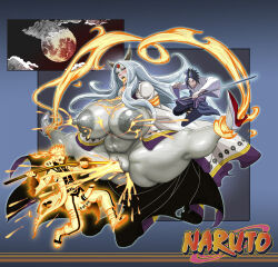 1girl 2boys 96_(marshviolet8) breasts energy gigantic_breasts glands_of_montgomery grey_hair high_heels holding holding_staff japanese_clothes lactation long_hair multiple_boys naruto_(series) naruto_shippuuden object_insertion ootsutsuki_kaguya penis red_lips sennin_mode split staff thick_thighs thighs uchiha_sasuke uzumaki_naruto vaginal vaginal_object_insertion veins veiny_breasts