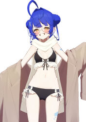 1girl absurdres ahoge amamiya_kokoro bikini black_bikini blue_hair blush braid braided_bun breasts coat commentary_request double_bun frilled_bikini frills glasses hair_bun highres looking_at_viewer lunch_boxer navel nijisanji round_eyewear scarf small_breasts smile smug solo swimsuit virtual_youtuber yellow_eyes