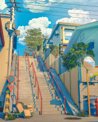 absurdres blue_sky box cardboard_box cloud day fire_hydrant highres house japan mirror no no_humans omorphia original outdoors plant sky stairs suga_shrine_otokozaka tokyo_(city) utility_pole
