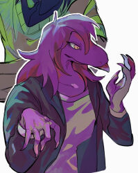1girl 1other chinese_commentary claws colored_skin commentary deltarune furry furry_female highres jacket kris_(deltarune) long_hair long_sleeves purple_hair purple_skin reptile_girl shirt si_ben_huan solo_focus susie_(deltarune) tongue tongue_out white_shirt yellow_eyes