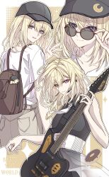 Rule 34 | 1girl, absurdres, adjusting eyewear, animal charm, arm at side, backpack, bag, bang dream!, bang dream! it&#039;s mygo!!!!!, baseball cap, belt, black dress, black hat, blonde hair, border, chinese commentary, closed mouth, collarbone, collared dress, commentary request, corset, crossed bangs, donut, dress, earrings, english text, food, guitar, hair between eyes, haiyuan182, hand up, hat, headset, highres, holding, holding guitar, holding instrument, holding plectrum, instrument, jewelry, looking at viewer, looking back, medium hair, misumi uika, moon print, multiple views, necktie, open mouth, outline, outside border, plectrum, pocket, print hat, purple eyes, round eyewear, shirt, short sleeves, sleeveless, sleeveless dress, smile, sparkle, stuffed animal, stuffed toy, sun symbol, waving, white border, white corset, white necktie, white outline, white shirt, yellow background