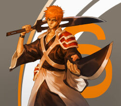 Rule 34 | 1boy, absurdres, armor, asymmetrical dual wielding, black hakama, bleach, bleach: sennen kessen-hen, collarbone, cowboy shot, dual wielding, fingernails, foreshortening, from side, grey background, hakama, hand up, hieumay, highres, hip armor, holding, holding sword, holding weapon, japanese clothes, kurosaki ichigo, lips, long sleeves, looking to the side, male focus, number background, orange eyes, orange hair, orange theme, over shoulder, pauldrons, shihakusho, shinigami, short hair, shoulder armor, solo, spiked hair, standing, sword, sword over shoulder, weapon, weapon over shoulder, wide sleeves, wristband, zanpakutou