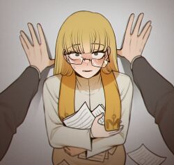1girl 1other black_eyes black_jacket blonde_hair blunt_bangs blush coat dieci_librarian_(project_moon) glasses highres holding holding_paper jacket kabedon limbus_company long_hair long_sleeves misg1111 out_of_frame paper pov project_moon sweatdrop upper_body white_coat