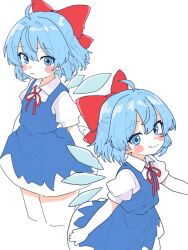 1girl ahoge blue_dress blue_eyes blue_hair blush bow cirno closed_mouth commentary cowboy_shot dress hair_bow haru_maron highres looking_at_viewer medium_hair multiple_views neck_ribbon pinafore_dress red_bow red_ribbon ribbon shirt short_dress short_sleeves simple_background sleeveless sleeveless_dress standing touhou white_background white_shirt