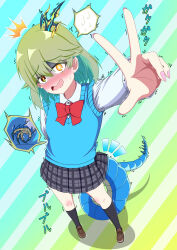 Rule 34 | 1girl, ^^^, absurdres, aqua hair, arm behind back, black socks, blue vest, bow, bowtie, brown shoes, claws, colored inner hair, dragon girl, dragon musume ni naritakunai!, dragon tail, duel masters, green hair, hair ornament, henshin, highres, long sleeves, looking up, mole, mole under eye, multicolored hair, nagareboshi asche, nail polish, notice lines, open mouth, pink nails, plaid clothes, plaid skirt, red bow, red bowtie, school uniform, shirt, shoes, skirt, socks, solo, sound effects, sparkling eyes, spoken sweatdrop, sweatdrop, sweater vest, tail, trembling, user dwdx4224, v, vest, white shirt, yellow eyes