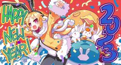 1girl 2023 :3 animal animal_ears animal_focus artist_name bat_wings bird black_pantyhose blonde_hair bow bowtie chinese_zodiac clenched_hand closed_eyes coat colored_skin confetti covered_navel demon_wings disgaea earmuffs fur-trimmed_jacket fur-trimmed_sleeves fur_trim happy_new_year heart hikimayu himenyuu jacket kine leotard long_sleeves makai_senki_disgaea_5 mallet mini_wings new_year open_mouth orange_skin pantyhose peg_leg penguin playboy_bunny pouch prinny rabbit rabbit_earmuffs rabbit_ears rabbit_girl rabbit_tail rabbits_foot red_bow red_bowtie red_eyes rope_belt scarf short_eyebrows short_hair smile streamers tail thick_eyebrows usalia_(disgaea) white_scarf wings x_mouth year_of_the_rabbit yellow_coat yellow_jacket