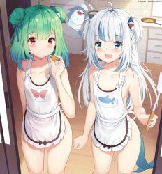 2girls :d ahoge animal_print apron artist_name bloop_(gawr_gura) blue_eyes blue_hair blush breasts butterfly_print chintora0201 collarbone commentary door double_bun fins fish_tail food frying_pan gawr_gura green_hair hair_bun hair_ornament highres holding holding_food hololive hololive_english indoors kitchen long_hair looking_at_viewer medium_hair multicolored_hair multiple_girls naked_apron open_mouth shark_print shark_tail sharp_teeth silver_hair small_breasts smile streaked_hair tail teeth two-tone_hair uruha_rushia virtual_youtuber