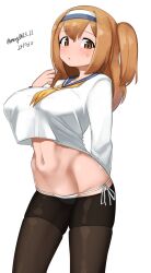 Rule 34 | 1girl, absurdres, black pantyhose, blue sailor collar, breasts, brown eyes, brown hair, cosplay, hairband, highres, i-26 (kancolle), kantai collection, large breasts, lowleg, lowleg pantyhose, maru (marg0613), navel, neckerchief, one-hour drawing challenge, panties, pantyhose, sailor collar, sailor shirt, shirt, side-tie panties, solo, tokitsukaze (kancolle), tokitsukaze (kancolle) (cosplay), two-tone hairband, two side up, underwear, white panties, white shirt, yellow neckerchief