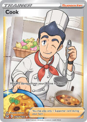 1boy artist_name basket berry_(pokemon) black_hair bowl card_(medium) character_name chef_hat company_name cook_(pokemon) cooking_pot copyright_name copyright_notice counter curry english_text facial_hair food fruit hat holding holding_ladle holding_plate indoors kitchen ladle long_sleeves looking_at_viewer lum_berry male_focus neckerchief nintendo official_art one_eye_closed pecha_berry plate pokemon pokemon_card pokemon_swsh pokemon_tcg red_neckerchief sakuma_sanosuke shirt short_hair sitrus_berry smile solo sparkle third-party_source trading_card upper_body white_hat white_shirt