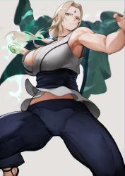 1girl absurdres armpits bad_id bad_twitter_id bare_arms bare_shoulders biceps blonde_hair breasts brown_eyes cleavage closed_mouth collarbone facial_mark forehead forehead_mark highres incoming_attack incoming_punch jewelry large_breasts long_hair looking_at_viewer mature_female midriff_peek muscular muscular_female naruto naruto_(series) necklace parted_bangs punching revision simple_background solo tsunade_(naruto) yoshio_(55level)
