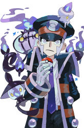 1boy absurdres belt black_coat black_hat black_pants blue_necktie chandelure closed_mouth coat collared_shirt creatures_(company) evolutionary_line fire frown game_freak gen_5_pokemon gloves hat highres holding holding_poke_ball ingo_(pokemon) lampent litwick male_focus necktie nintendo onigiri_(ahku5522) open_clothes open_coat pants peaked_cap poke_ball poke_ball_(basic) pokemon pokemon_(creature) pokemon_bw purple_eyes purple_fire shirt simple_background smile white_background white_gloves white_shirt yellow_eyes