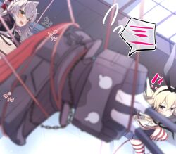 Rule 34 | 2girls, amatsukaze (kancolle), ass, blonde hair, blue skirt, bound, brown dress, brown eyes, choker, commentary request, dress, giraffe (ilconte), gloves, grey hair, grey neckerchief, hair tubes, hat, highres, kantai collection, long hair, long shirt, long sleeves, looking at viewer, mini hat, multiple girls, neckerchief, open mouth, purple eyes, rensouhou-chan, sailor collar, sailor dress, shimakaze (kancolle), skirt, smokestack hair ornament, solo, spoken blush, white gloves, white sailor collar