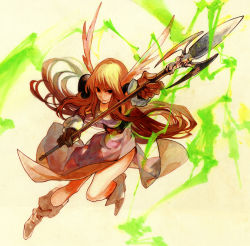 Rule 34 | 1girl, artdink, blonde hair, fantasy, female focus, gloves, head wings, jimu kaji, kajimiya (kaji), long hair, ogre battle, polearm, solo, spear, tactics ogre, thighs, valkyrie (ogre battle), weapon, wings