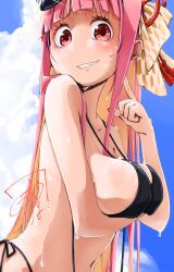 1girl absurdres arm_under_breasts bikini black_bikini blue_sky breasts cloud colored_inner_hair commentary_request commission day eyewear_on_head hair_ornament highres kotonoha_akane kuuneru514 long_hair looking_at_viewer medium_breasts multicolored_hair navel nervous_smile outdoors pink_eyes pink_hair pointing pointing_at_self sidelocks signature skeb_commission sky smile solo stomach sunglasses sweat swimsuit turning_head upper_body voiceroid wet