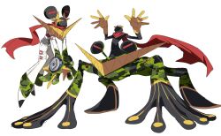 Rule 34 | camouflage gloves, gloves, hanamura yousuke, highres, jiraiya (persona 4), jumpsuit, kunai, no humans, nt 26, persona, persona 4, red scarf, scarf, shadow (persona), shadow yousuke, weapon, white background, white jumpsuit, yellow gloves