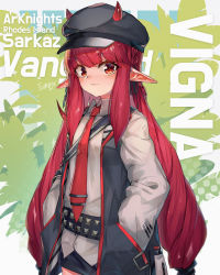 1girl absurdres arknights english_text hat highres horns icenight looking_at_viewer pointy_ears solo vigna_(arknights)