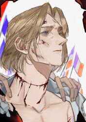 1boy 1other absurdres axis_powers_hetalia bleeding blonde_hair blood collared_shirt crying cuts dirty dirty_face france_(hetalia) french_flag highres injury male_focus purple_eyes scratches shirt short_hair solo_focus wanlaijuji132 white_shirt