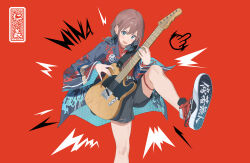 1girl absurdres belt black_shorts blue_eyes blue_jacket blue_nails commentary earrings electric_guitar fender_telecaster fromgod_jungle girls_band_cry gradient_hair guitar highres holding holding_guitar holding_instrument instrument iseri_nina jacket jewelry kuuhaku_to_catharsis low_twintails middle_finger_emoji multicolored_hair nail_polish open_mouth red_shirt red_shoes shirt shoes short_hair short_twintails shorts solo thigh_strap translation_request twintails white_belt