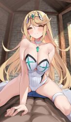 Rule 34 | 1boy, 1girl, abs, bare shoulders, blonde hair, blush, breasts, chest jewel, cleavage, competition swimsuit, core crystal (xenoblade), dark-skinned male, dark skin, highleg, highleg one-piece swimsuit, highres, indoors, interracial, large breasts, long hair, lying, matrix16, muscular, muscular male, mythra (radiant beach) (xenoblade), mythra (xenoblade), on back, one-piece swimsuit, pov, solo focus, straddling, strapless, strapless one-piece swimsuit, swimsuit, tiara, white one-piece swimsuit, xenoblade chronicles (series), xenoblade chronicles 2