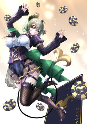 1girl absurdres back_bow black_corset black_leotard black_shoes black_thighhighs blue_eyes bow breasts brown_background brown_horns buttons card center_frills corset curled_horns demon_girl demon_horns demon_tail eyepatch fishnet_thighhighs fishnets frilled_sleeves frills full_body garter_straps green_bow green_hair green_necktie hashtag-only_commentary high_heels highres horns joker_(playing_card) juliet_sleeves jumping konekoneko_(konekopi) large_breasts leotard leotard_under_clothes long_sleeves looking_afar nanashi_inc. necktie o-ring o-ring_thigh_strap open_mouth playing_card poker_chip puffy_sleeves sekishiro_mico shirt shoes short_hair shrug_(clothing) solo tail thigh_strap thighhighs virtual_youtuber white_shirt