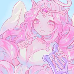 1girl angel angel_wings breasts cleavage colored_skin cookie_run cookie_run:_kingdom dress eternal_sugar_cookie halo highres instrument long_hair looking_at_viewer pink_eyes pink_hair pink_skin smile solo t0shnilka very_long_hair white_dress wings