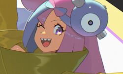 Rule 34 | 1girl, ;d, blue hair, bow-shaped hair, character hair ornament, eyelashes, hair ornament, happy, iono (pokemon), jacket, looking at viewer, multicolored hair, nintendo, one eye closed, open mouth, orlek, pokemon, pokemon sv, portrait, purple eyes, smile, solo, two-tone hair, yellow jacket