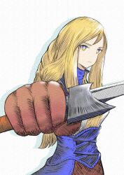 Rule 34 | 1girl, agrias oaks, armor, blonde hair, blush, braid, breastplate, brown gloves, closed mouth, final fantasy, final fantasy tactics, gloves, gradient eyes, highres, multicolored eyes, pointing, pointing at viewer, pointing melee weapon, pointing sword, solo, suzuki&#039;s room, upper body, white background
