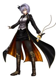 1girl alternate alternate_costume boots capcom cape costume devil_may_cry_(series) female_focus hair_ribbon highres konpaku_youmu nelo nelo_anjuurou ribbon short_hair solo sword touhou weapon