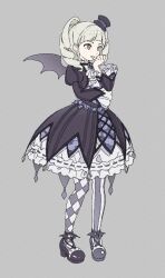 1girl aikatsu! aikatsu!_(series) argyle_clothes argyle_thighhighs asymmetrical_legwear bat_wings black_dress black_shoes blunt_bangs closed_mouth dress drill_hair floral_print frilled_dress frilled_sleeves frills full_body ginjiro_(ginjiroxx) gothic_lolita green_eyes grey_background hand_up hat highres lolita_fashion long_hair long_sleeves looking_at_viewer looking_back mini_hat mini_top_hat mismatched_legwear rose_print shoe_soles shoes simple_background solo standing striped_clothes striped_thighhighs thighhighs todo_yurika top_hat twin_drills vertical-striped_clothes vertical-striped_thighhighs wings