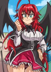 1girl ahoge blue_eyes blue_sky breasts buttons clenched_hand cloud commission day demon_girl demon_wings female_focus hair_between_eyes hand_on_own_hip high_school_dxd highres kuoh_academy_school_uniform large_breasts light_blush long_hair long_sleeves looking_at_viewer moxydraws narrow_waist necktie red_hair rias_gremory school_uniform shirt skirt sky smile solo thick_thighs thighs wide_hips wings